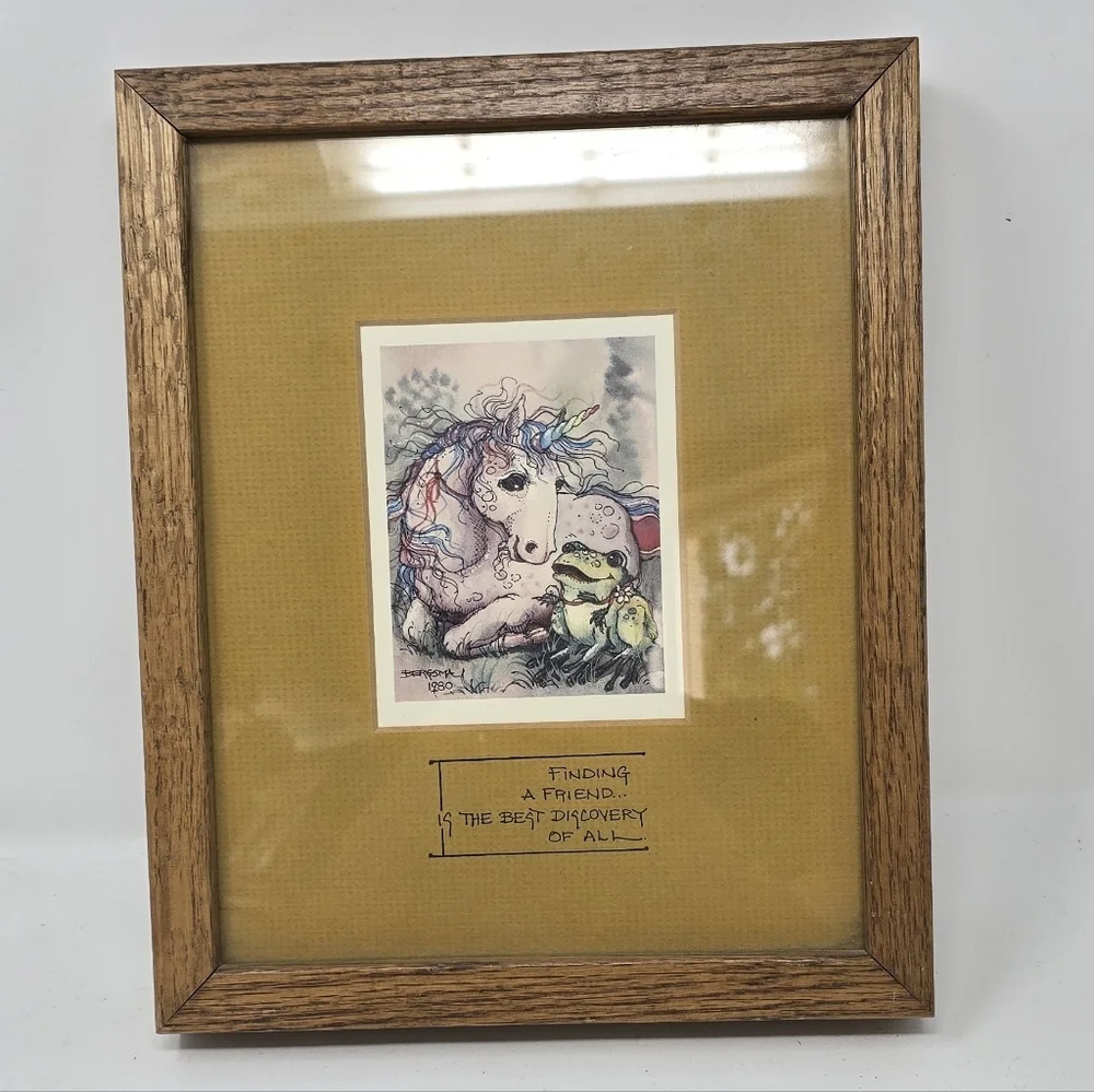 Vintage 1980 Jody Bergsma unicorn wood framed art print signed wall decor horse.
